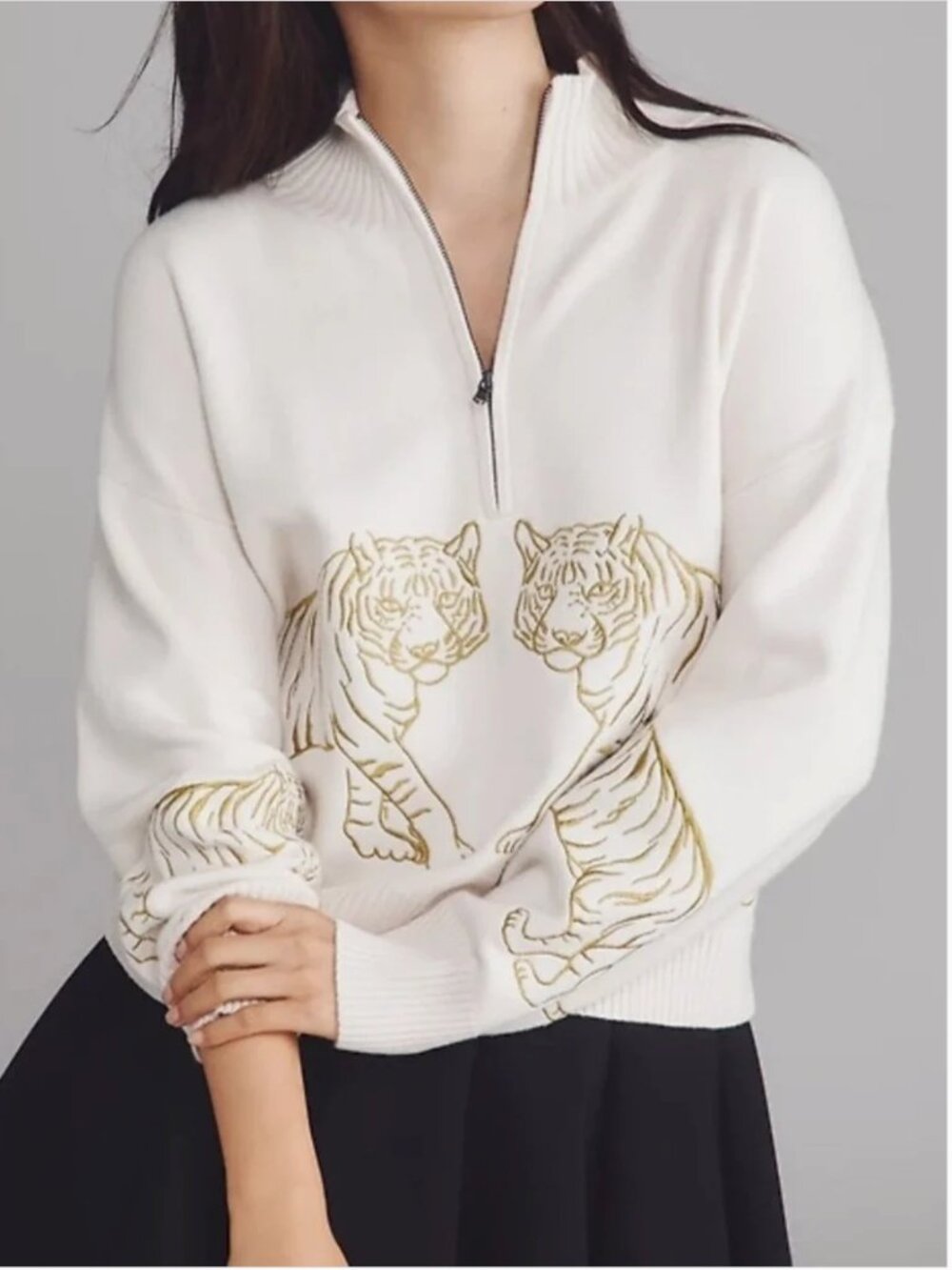 Anthropologie Maeve Pullover Embroidered Gold Tigers size M